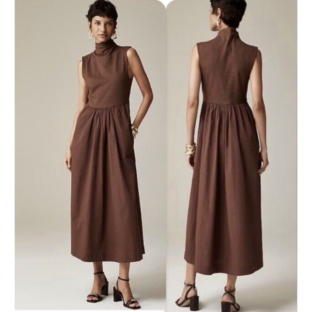 J.Crew Fitted Knit Mockneck Dress with Poplin Skirt Brown NWT Size S Small